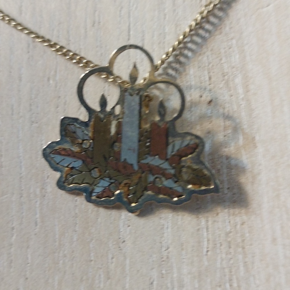 Brass & silver 3 candle necklace chain goldtone 16"